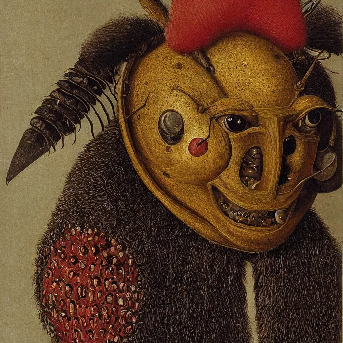 Prompt: close up portrait of a mutant monster creature with facial features resembling a medieval steel helmet, beetle eyes and antennae. by jan van eyck, walton ford