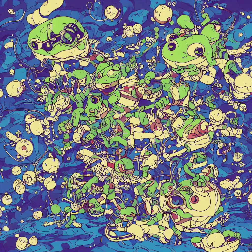 Image similar to toads, deconstructed amphibian, ryuta ueda artwork, breakcore, style of jet set radio, y 2 k, gloom, space, cel - shaded art style, indigo rainbow, data, minimal, takashi murakami artwork, code, cybernetic, dark, eerie, cyber