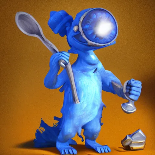 Image similar to pepe the miner with a big spoon full of blue crystals, dark cave, artstation, dramatic light, low angle