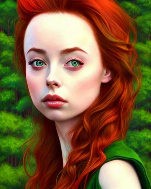 Prompt: gorgeous Kacey Rohl, realistic character concept, red hair, symmetrical face, symmetrical eyes, green dress, forest, trees, shorter neck, cinematic lighting, artgerm, Joshua Middleton, Adreas Rocha, beautiful