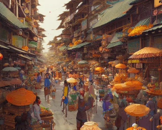Image similar to street-level view of a bustling marketplace in a great, colorful kitsune city, bamboo, flowers, anime, fox people, a fantasy digital painting by Greg Rutkowski and James Gurney, trending on Artstation, highly detailed