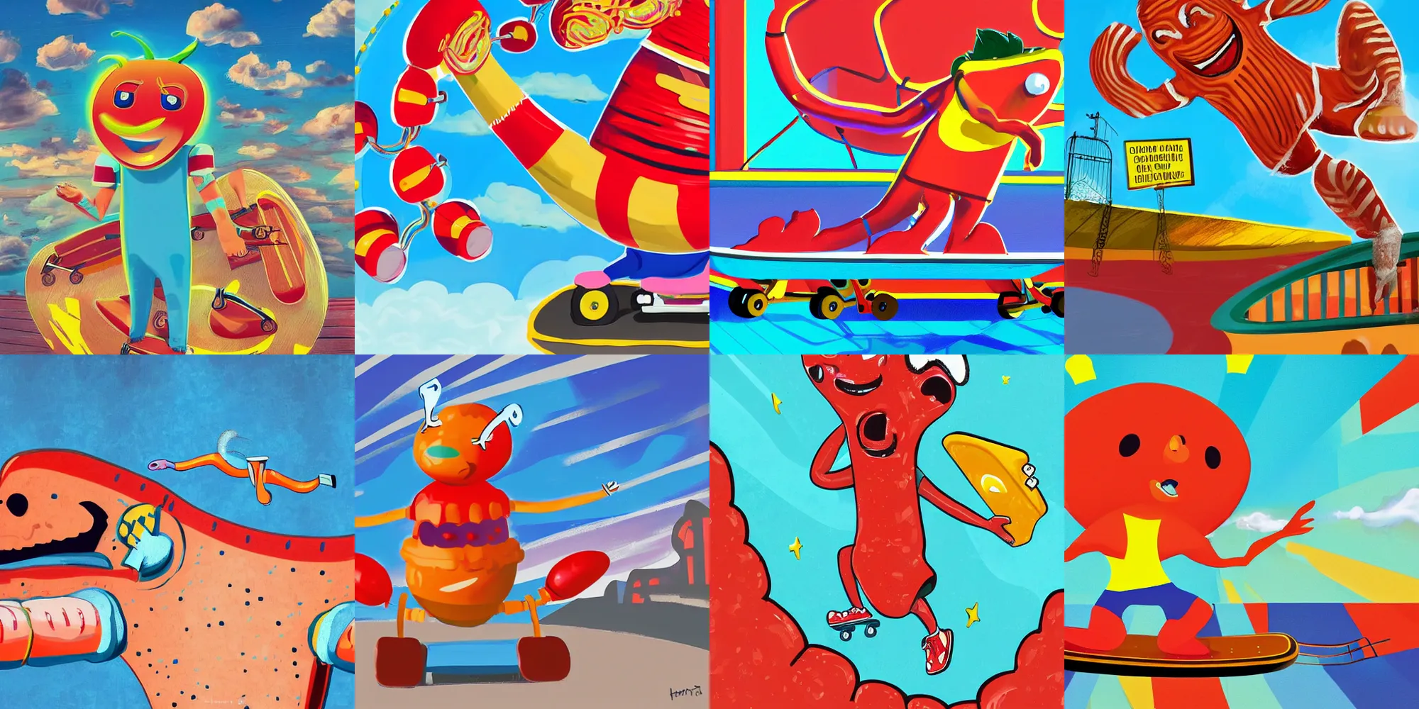 Prompt: full shot of a human sized hotdog with arms and legs doing a trick on a skateboard, digital art, vibrant colours, blue sky, detailed lighting