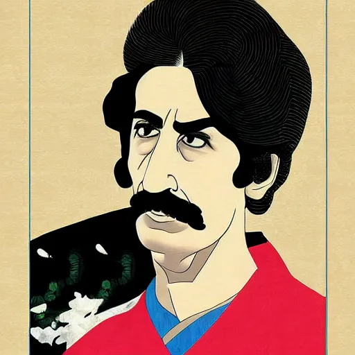 Prompt: frank zappa, digital art, utamaro kitagawa style