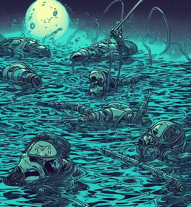 Prompt: The Grim Reaper twins dreaming underwater on an alien world by Dan Mumford and Josan Gonzalez and Laurie Greasley and Tim Doyle, tenebrism, tonalism