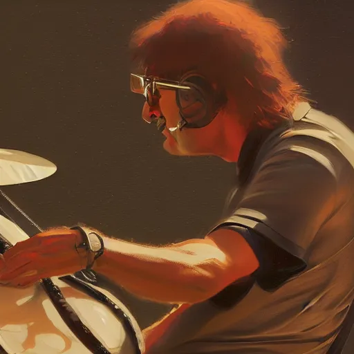 Prompt: A closeup of Neil Peart playing drums on a motorcycle, by Greg Rutkowski, Raphael Lacoste, cgstation, 8k