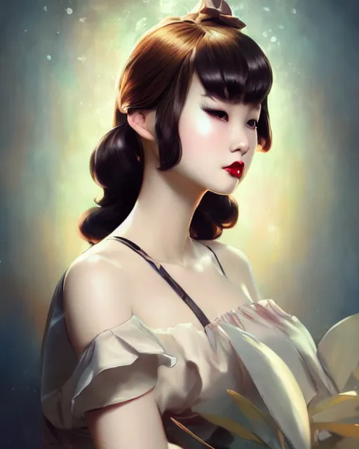 Image similar to a pin up and beautiful fashion charming dreamlike korean girl with low cut dress, character art, art by artgerm lau and kyoung hwan kim and and ilya kuvshinov and john singer sargent, hyperdetailed, 8 k realistic, symmetrical, frostbite 3 engine, cryengine, dof, trending on pixiv, digital art