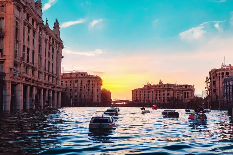 Image similar to views of people on boats on a catastrophic barcelona, buildings covered with high water, floating cars, sunset lighting, photo real