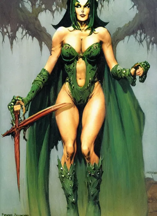 Image similar to mighty female necromancer sorceress, green tiara, strong line, deep color, beautiful! coherent! by frank frazetta, by brom, low angle