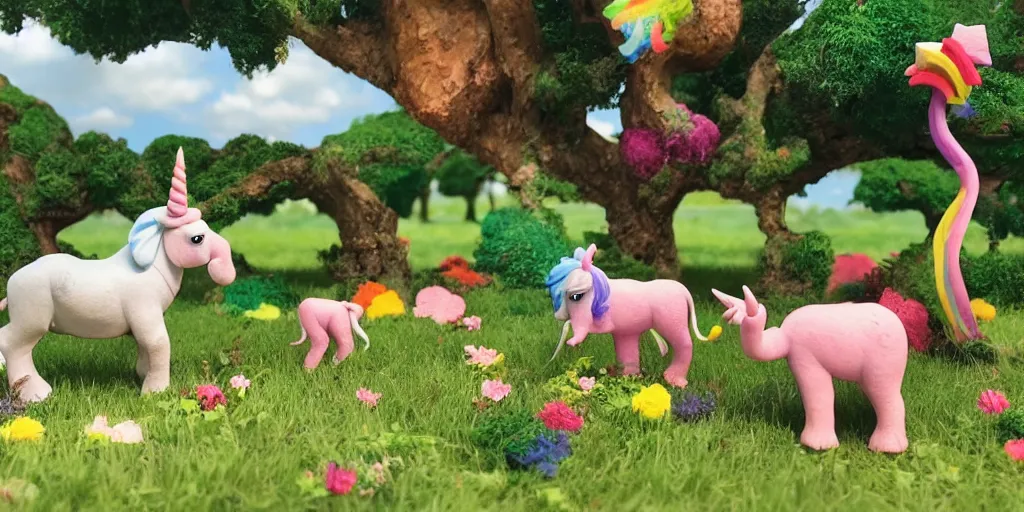 Prompt: claymation unicorn eating a claymation elephant in a field of grasson a beautiful summer day, claymation rainbow and trees in the background