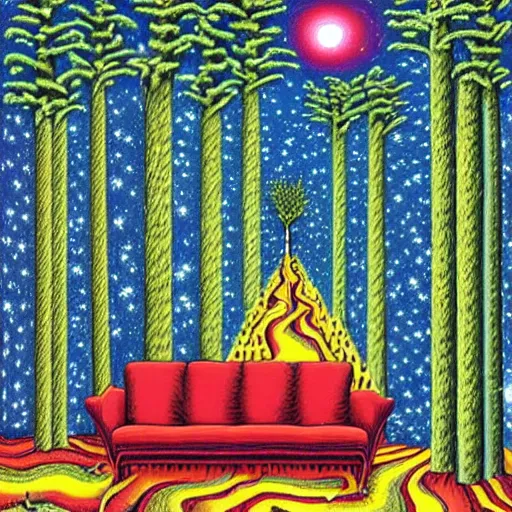 Prompt: psychedelic trippy corn couch pine forest, planets, milky way, sofa, cartoon by rob gonsalves