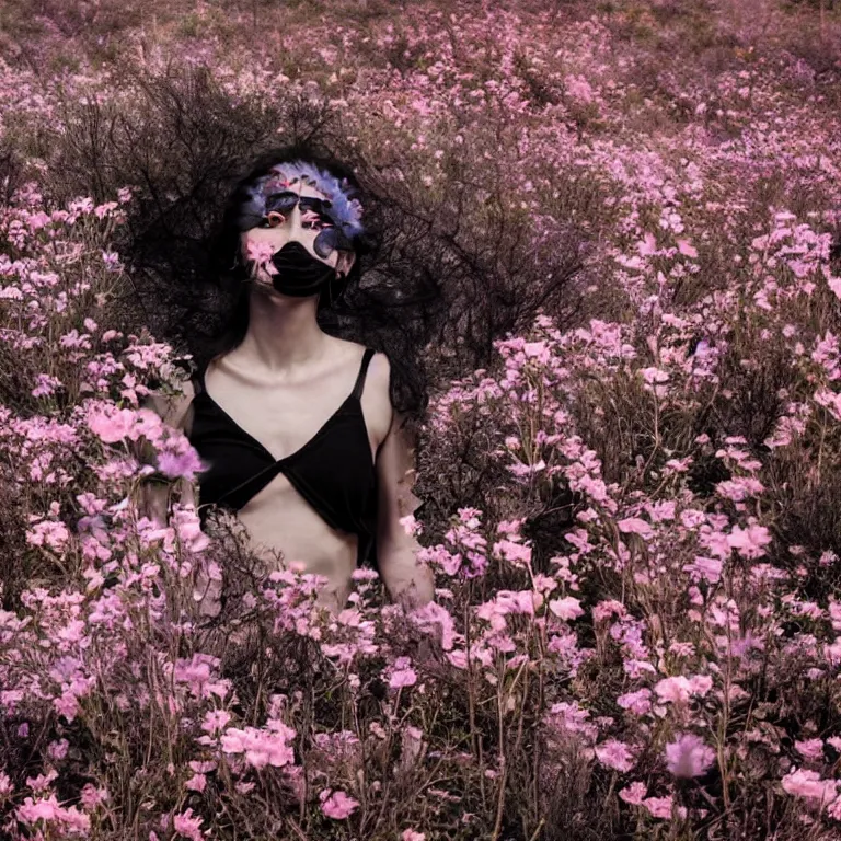 Prompt: The full body shot of beautiful pale woman with many flowers growing inside her and full-face black mask with glowing halo, a thick black smoke in rocky desert landscape, glowing eyes, falling star on the background, burning earth by Christopher Doyle, Gaspar Noe, Alejandro Jodorowsky, anamorphic lens, cinematic composition, award winning photo, 8k