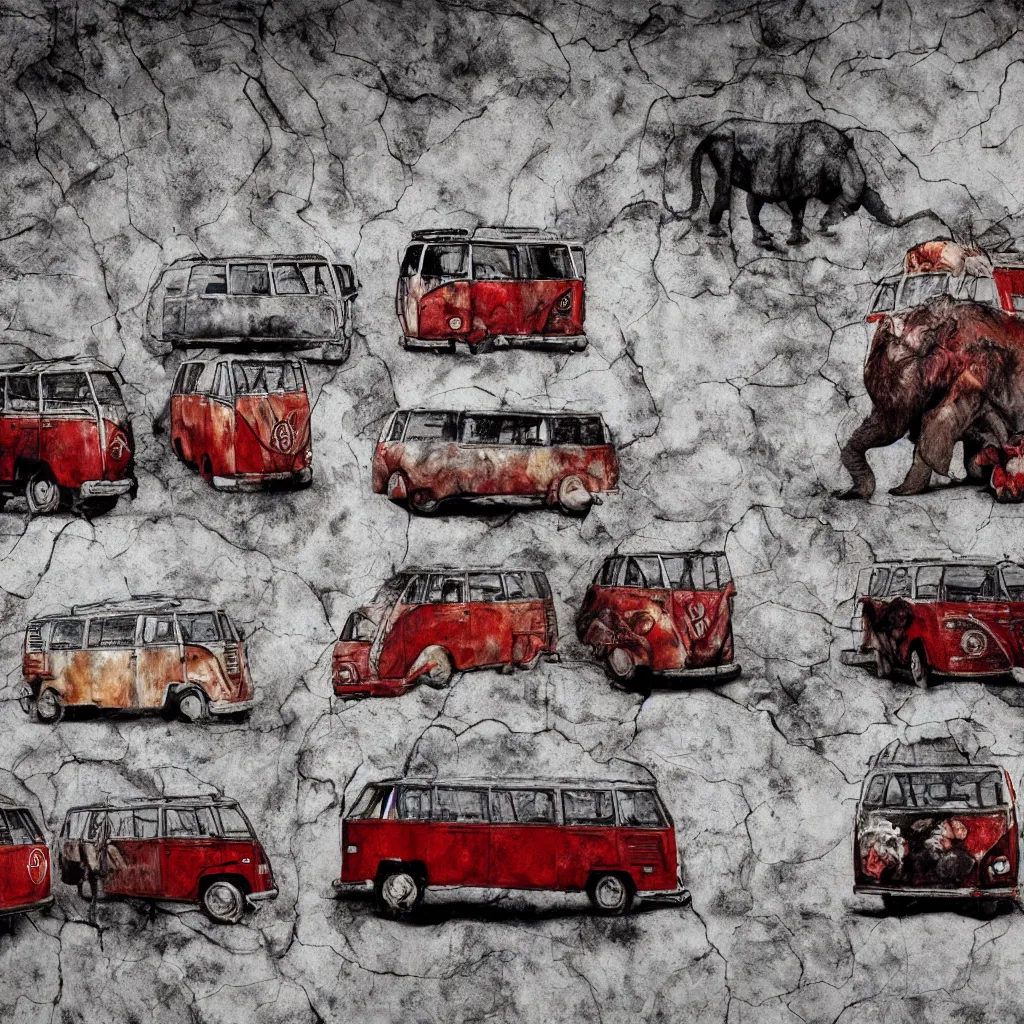 Image similar to prehistorical fresco of vw buses and mammoths, cave wall, spotlight, hard light, finger painting, red ochra, monochrome