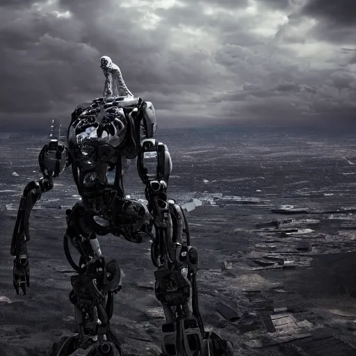 Image similar to A large robotic creature looking down at a single tiny human, dramatic lighting, dark skies, 8k, highly detailed render