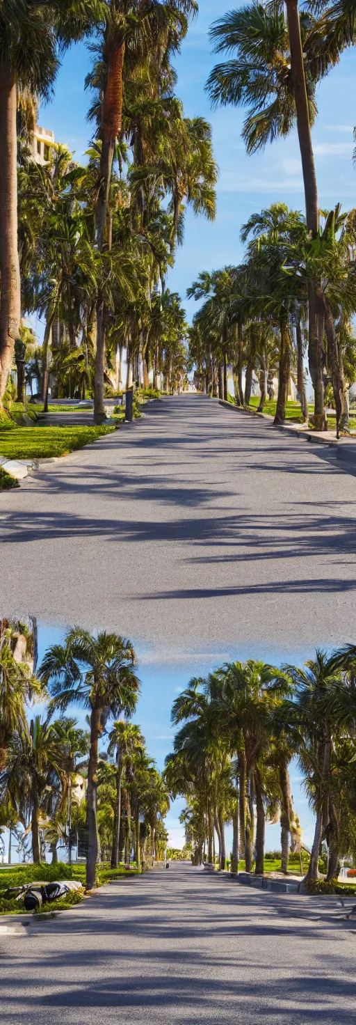 Image similar to depth of field photo of sidewalk with bike path, palm trees, accessible for the disabled, by professional photographer, 8 k resolution, photo, high quality