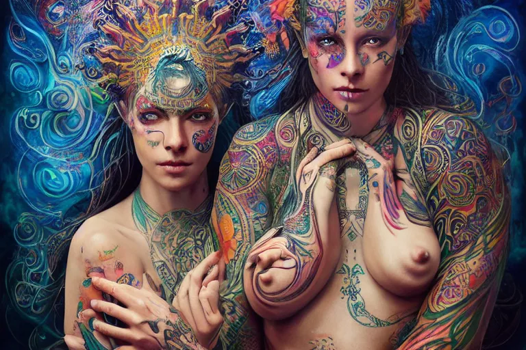 Image similar to a centered full body render of alluring festival hippies with tribal tattoos surrounded by a underwater ink pour and flowing liquid galium and sacred geometry, perfect body face and hands, powerful, cinematic, beautifully lit, by artgerm, by karol bak, by donato giancola, 3 d, trending on artstation, octane render, 8 k