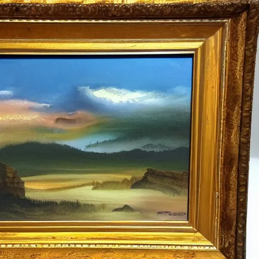 Prompt: a framed painting of a hellish landscape