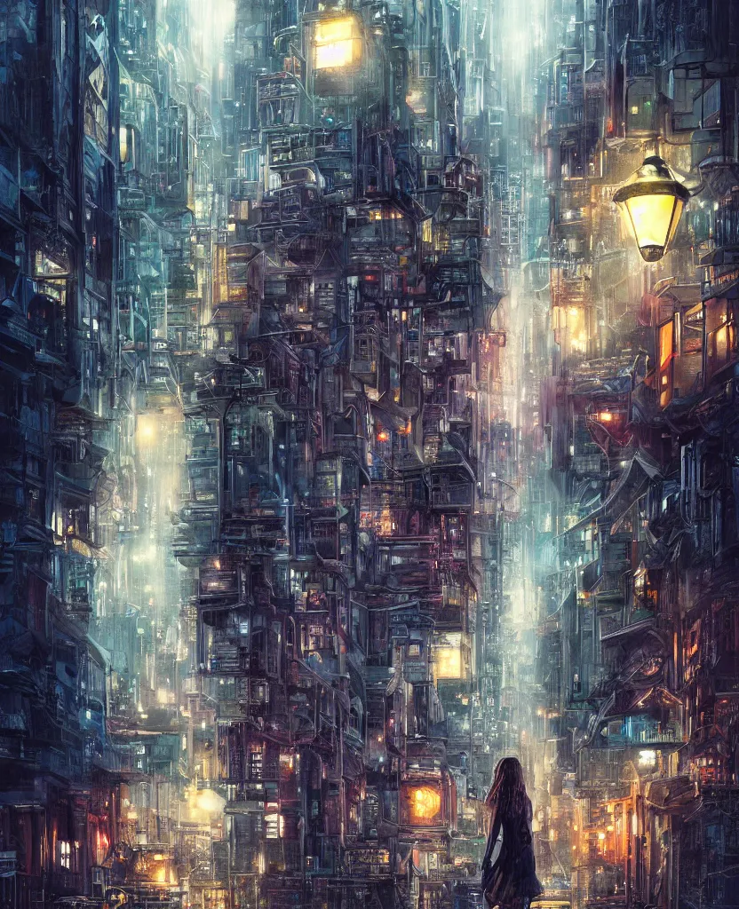 Image similar to cluttered futuristic city at night, rain, girl under lantern, by Sean Foley