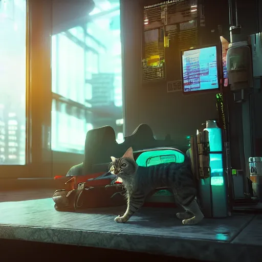 Image similar to in a futuristic cyberpunk city, a cat wearing a backpack sleeps on a counter at a diner, cgisociety, unreal engine, render, atmospheric,
