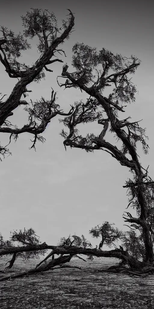 Prompt: dead old trees intricated together on a dry land,Highly Detailed, Cinematic Lighting, rim light, hyper real, black and white, photo-realistic Unreal Engine, 8K