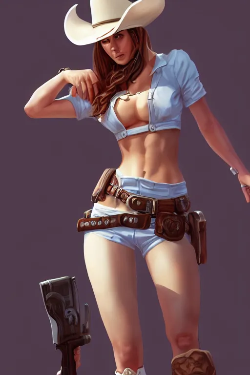 Image similar to full body, female cowgirl, perfect face, white blouse, empty gun holster, 8 k, magic the gathering, desert, d & d, artstation, high detail, smooth, muscular