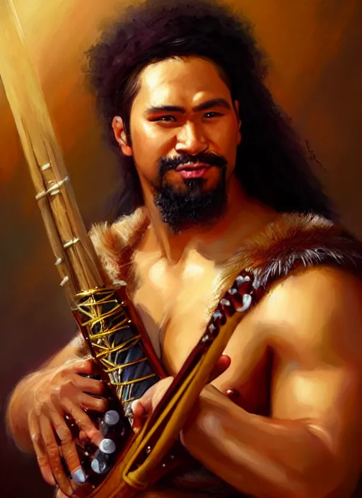 Image similar to a _ fantasy _ style _ portrait _ painting _ of samoan male charismatic bard playing instrument, rpg dnd oil _ painting _ unreal _ 5 _ daz. _ rpg _ portrait _ extremely _ detailed _ artgerm _ greg _ rutkowski _ greg