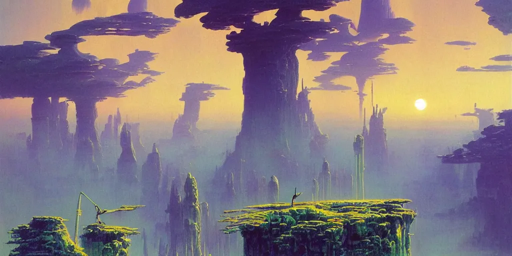 Prompt: landscape of an alien world, futuristic skyscraper, giant praying mantis hunts. morning light. by bruce pennington, by james gurney. vibrant colors