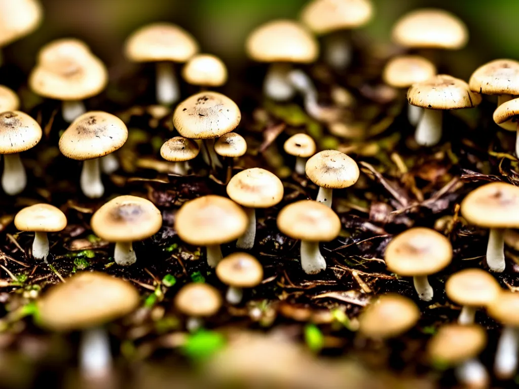 Prompt: macro photo of 1 5 tiny mushrooms in the forest sharp focus