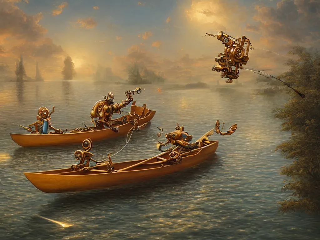 Image similar to simple retro robot, fishing in a wooden canoe, whimsical, highly detailed, michael cheval, peter mohrbacher, boris vallejo, jessica rossier, oil painting, highly detailed, cinematic lighting, tilt shift, golden hour