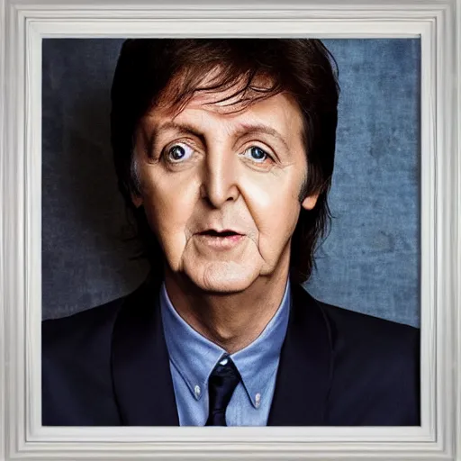 Image similar to a framed portrait of Paul McCartney, 8k, high definition, highly detailed, photo-realistic