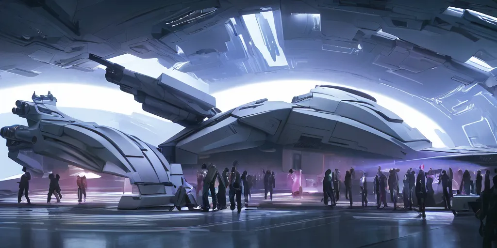 Prompt: cinematic movie scene, 200mm wide shot, precise architectural rendering, beautiful Product shot film still of a Syd Mead futuristic detailed clunky battle-armored space fighter ship with bright headlights in a busy futuristic spaceport filled with people at night, motion, hard surface modeling, volumetric soft lighting, style of Stanley Kubrick cinematography, 8k H 768