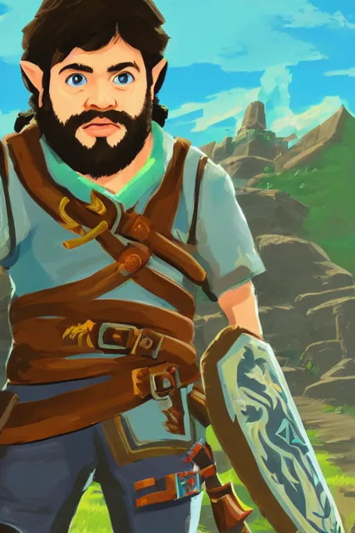 Prompt: an in game portrait of jontron from the legend of zelda breath of the wild, breath of the wild art style.