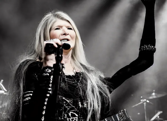 Image similar to publicity photo still of martha stewart in dimmu borgir playing live on stage, 8 k, live concert lighting, mid shot