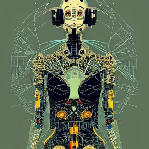 Prompt: a cybernetic mannequin by victo ngai and jakub rebelka, trending on artstation