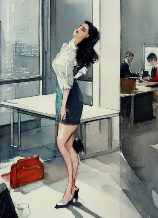 Prompt: concept art of a modern office life, young business woman, pinterest, artstation trending, behance, watercolor, by coby whitmore, silver, laser light,