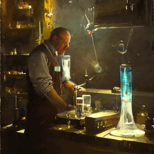 Prompt: fantasy alchemist working in laboratory, oil painting, by Greg Rutkowski