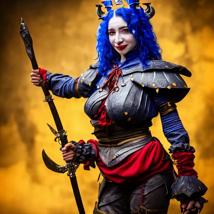 Image similar to full body photo of a real - life beautiful female jester warrior, 8 k, hdr, smooth, sharp focus, high resolution, award - winning photo