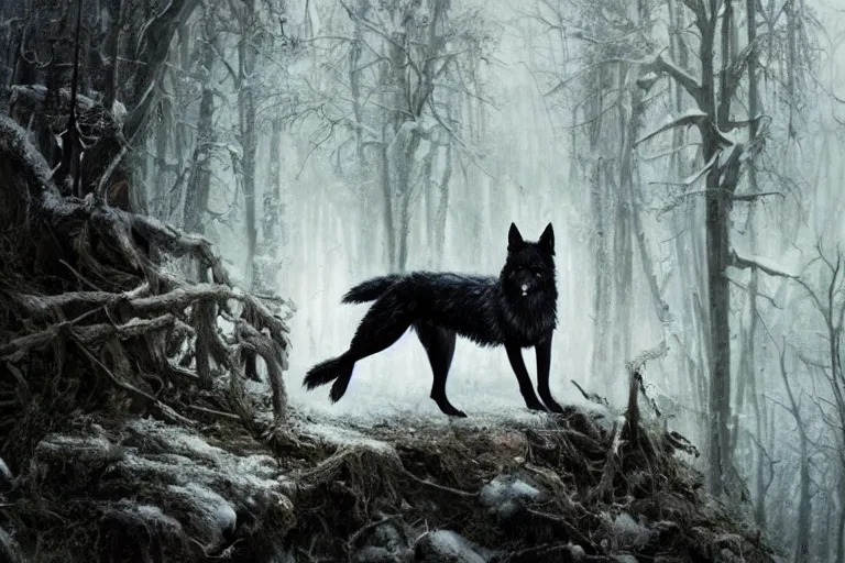 Image similar to a black wolf, standing on top of a fallen tree, winter forest, fantasy, greg rutkowski, cinematic, extremely detailed, dramatic lighting