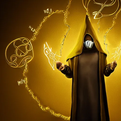 Image similar to award - winning. trending on artstation. cinematic. 4 k. a person wearing hooded frayed yellow robes and an eerie steel mask casting a spell while yellow magic runes float behind them. dark background