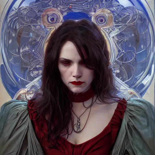 Image similar to portrait of a lady vampire, 35mm, depth of field, DOF, ominous, sharp, highly detailed, photorealistic, realistic, unreal 5, high definition, 8k, artstation, donato giancola, irwin penn, Alphonse Mucha