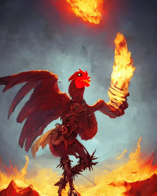 Image similar to Chicken, Anthropomorphized, holding flamethrower, raging, red, Golden Steampunk city atmosphere, magic the gathering artwork, D&D, fantasy, cinematic lighting, centered, symmetrical, highly detailed, digital painting, artstation, concept art, smooth, sharp focus, illustration, volumetric lighting, epic Composition, 8k, art by Akihiko Yoshida and Greg Rutkowski and Craig Mullins, heroic pose, oil painting, cgsociety