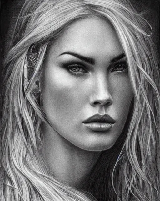 Prompt: pencil drawing of beautiful megan fox as greek goddess aphrodite, archer warrior, sagittarius tattoo, beautiful piercing eyes, flowing blonde hair, realistic face, hyper realistic, in the style of greg rutkowski, fantasy, amazing detail, epic, intricate, elegant, smooth, sharp focus