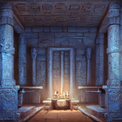 Image similar to fantasy movie scene greg rutkowski digital painting of an ornate and royal egyptian antechamber tomb with a old twisted wooden staff weapon with a blue crystal at it's tip laying on a stone altar, unreal engine, hyper realism, realistic shading, cinematic composition, blender render, octane render, hdr, detailed textures, photorealistic, 3 5 mm film