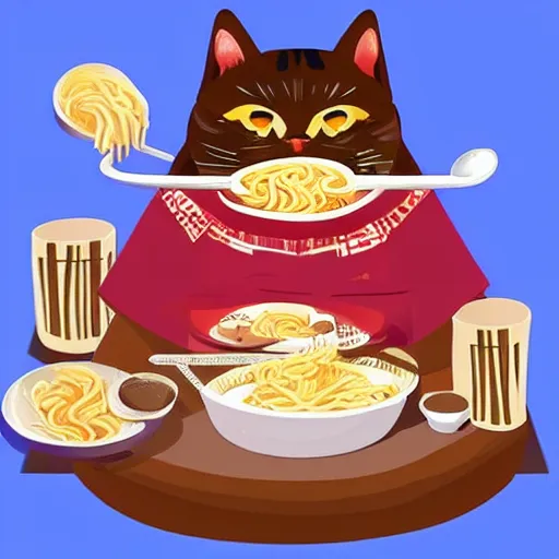 Prompt: fat cat eating ramen noodles on toast, japanese art artstation trending