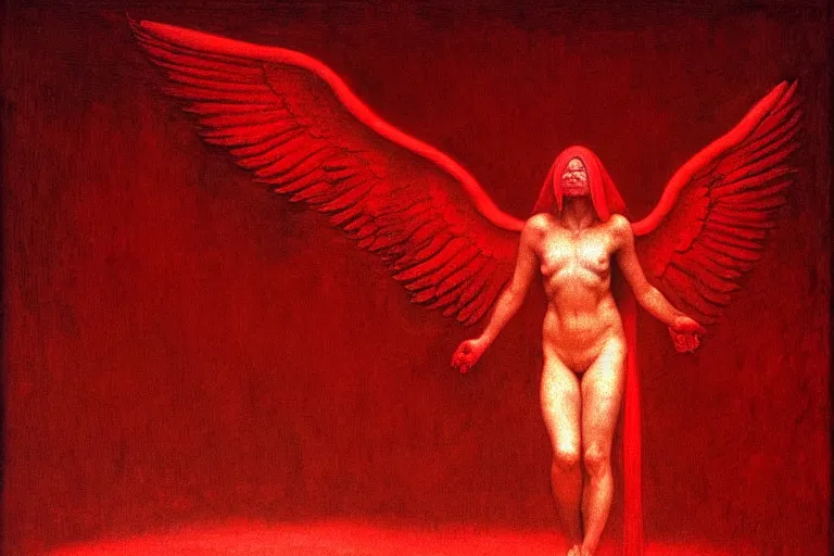 Image similar to only with red, a red angel announce the win, at the gates of a rich renaissance city, pathos, in the style of beksinski, part by hopper, part by rodcenko, part by hofbauer, intricate composition, red by caravaggio, insanely quality, highly detailed, masterpiece, red light, artstation