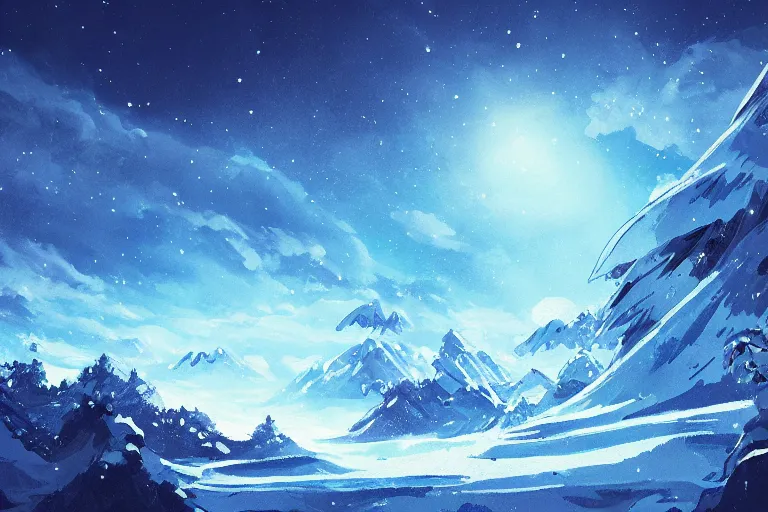 Prompt: blue themed snow crystal blue landscape, meteor shower, epic, miyazaki style, cinematic, indie, highly detailed, featured on artstation, highly detailed, abstract