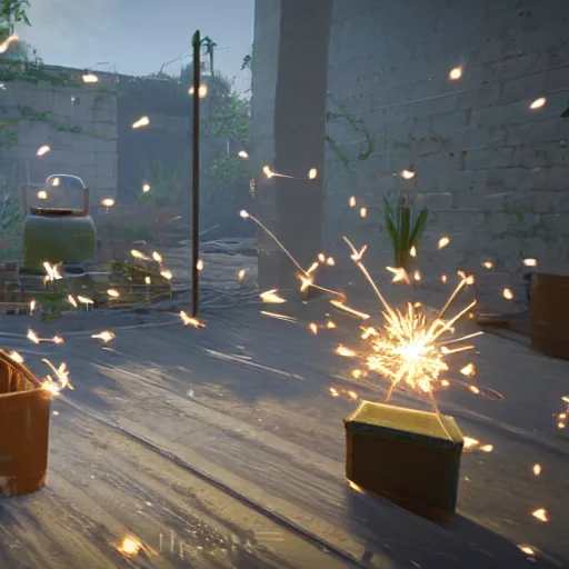 Image similar to photo of the sparkler factory, photorealistic, unreal engine 5, cinematic lighting