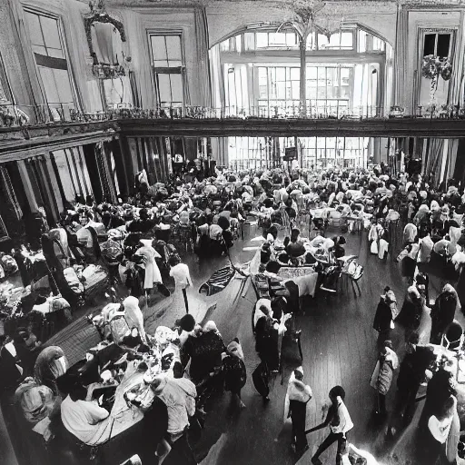 Prompt: A beautiful photograph of a large room with many people in it. There is a lot of activity going on, with people talking and moving around. The room is ornately decorated and there is a large window at one end. by Bruce Davidson