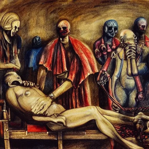 Image similar to by otto dix, by clive barker balmy, peaceful ancient roman. a beautiful drawing of a team of surgeons gathered around a patient on an operating table, with one surgeon in the process of cutting into the patient's chest. the drawing is full of intense colors & brushstrokes, conveying the urgency & intensity of the surgery.