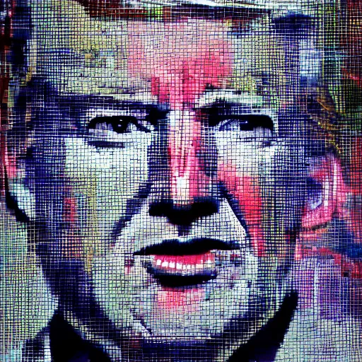 Image similar to portrait mosaic of trump with robot eyes, 4k, intricate details, digital, between heaven and hell