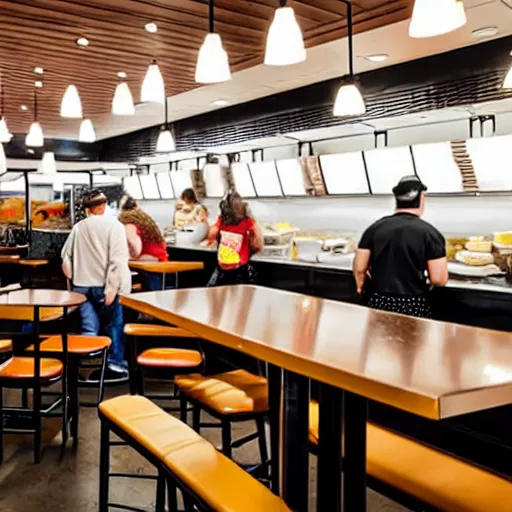 Image similar to busy wafflehouse interior with customers eating breakfast and wafflehouse employees serving food and cooking behind countertop